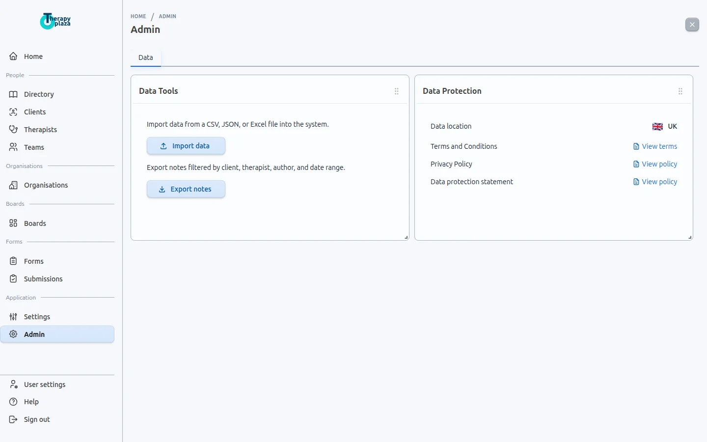 Admin screen with import and export options