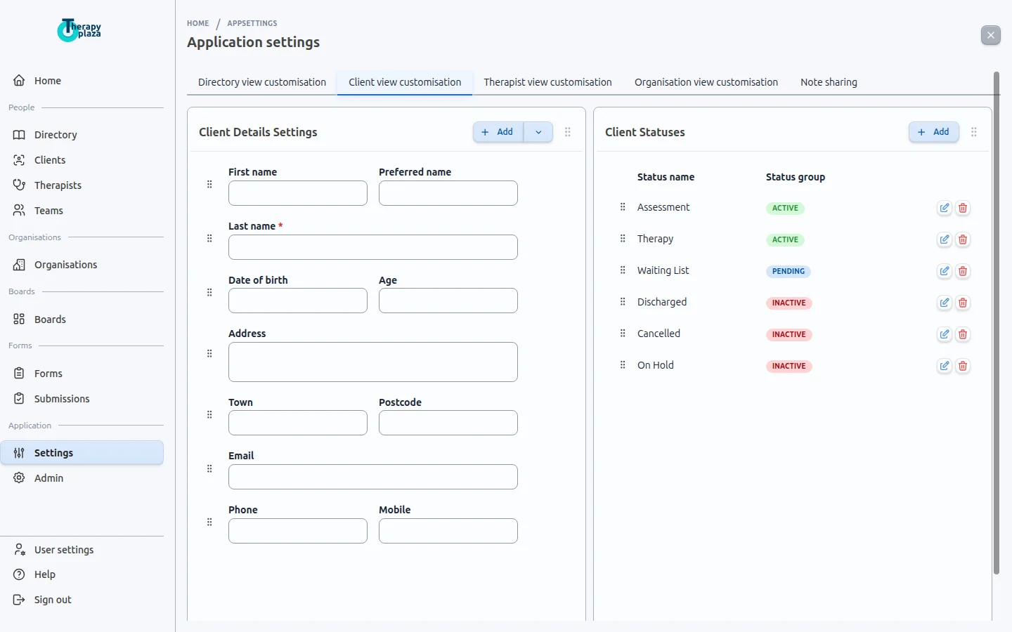 Application settings customisation screen