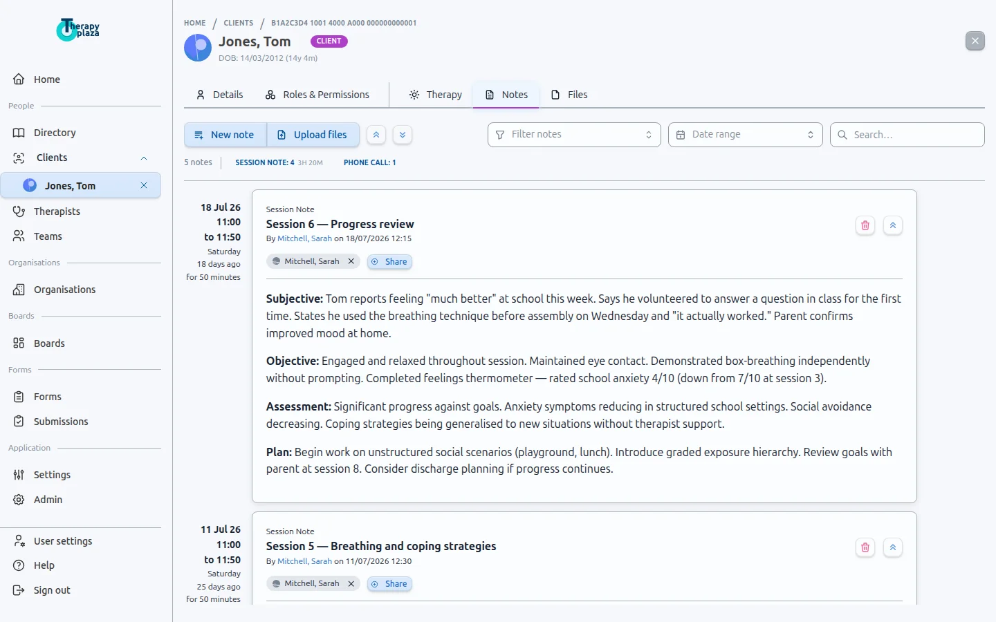 Clinical notes timeline showing session records and attachments
