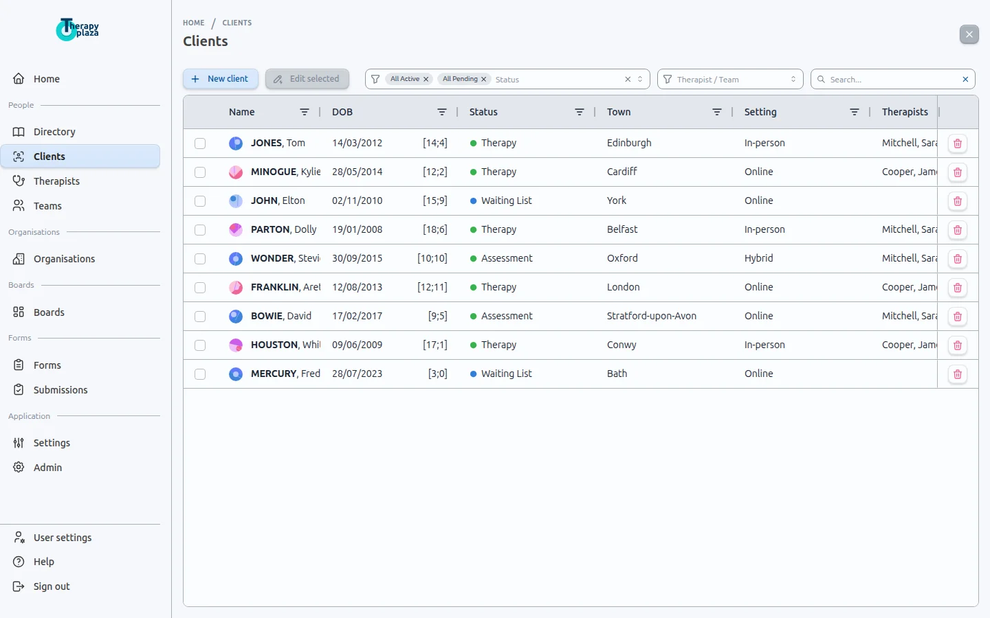 Client records directory showing search, filters, and client cards