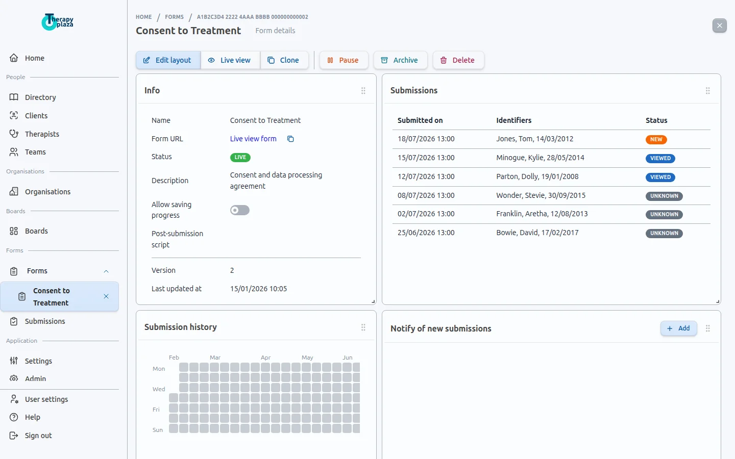 Form builder showing drag-and-drop fields and submission tracking